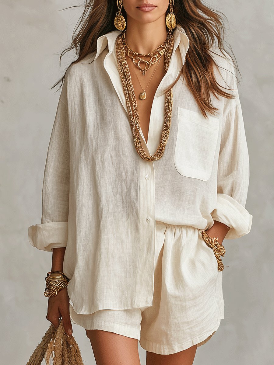 Dames Oversized Linnen Blouse Short Set - Off-White
