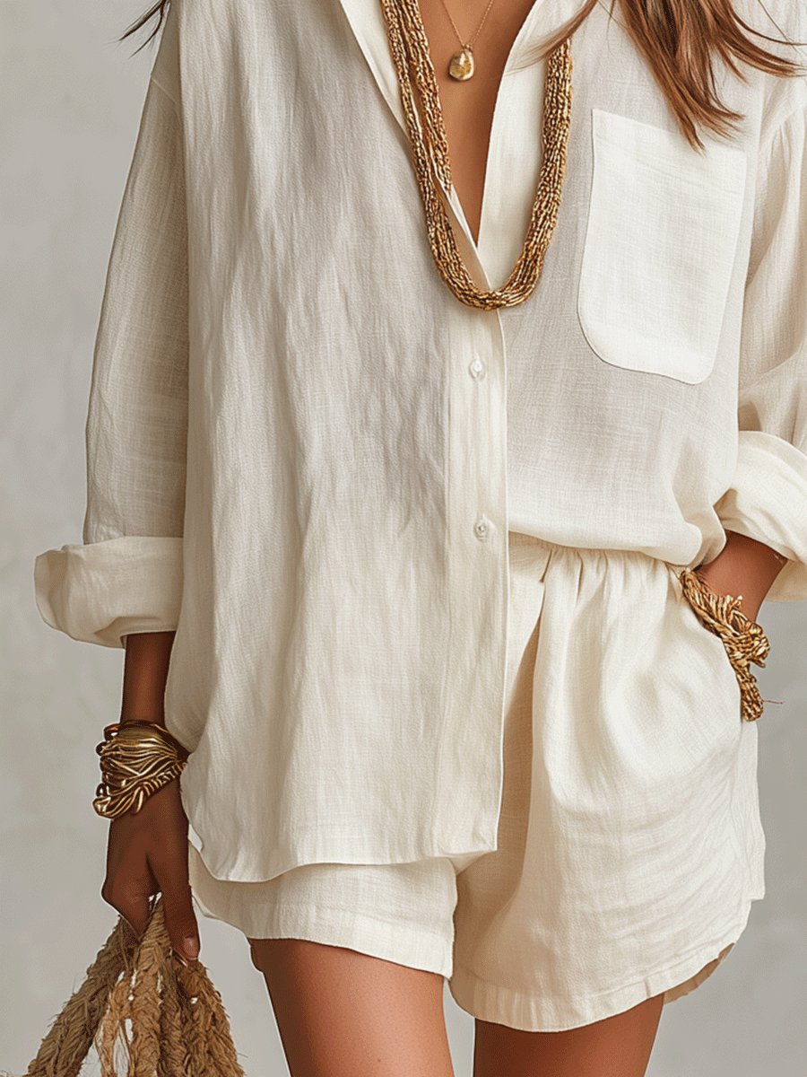 Dames Oversized Linnen Blouse Short Set