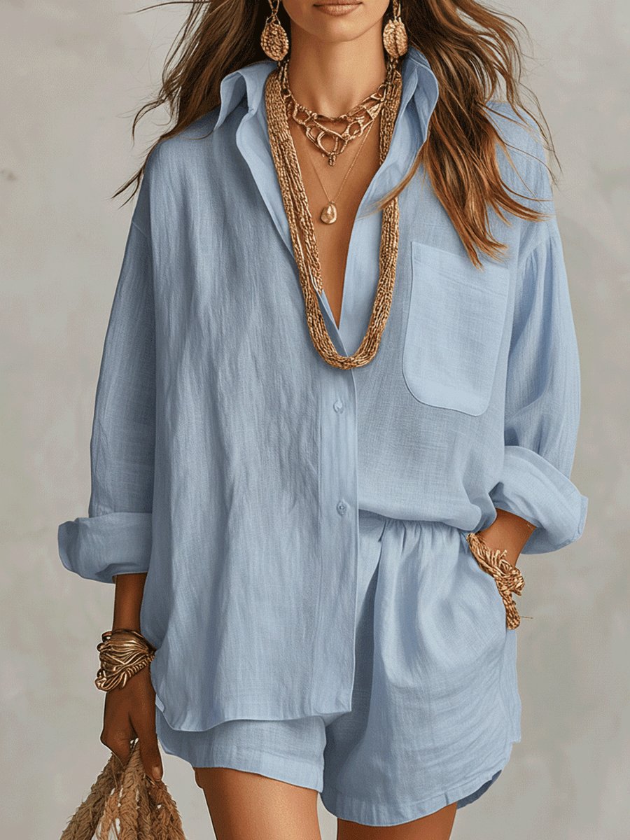 Dames Oversized Linnen Blouse Short Set - Blue