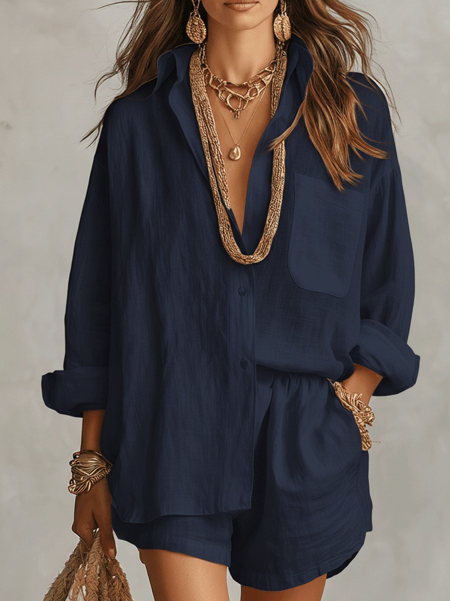 Dames Oversized Linnen Blouse Short Set - Dark Blue