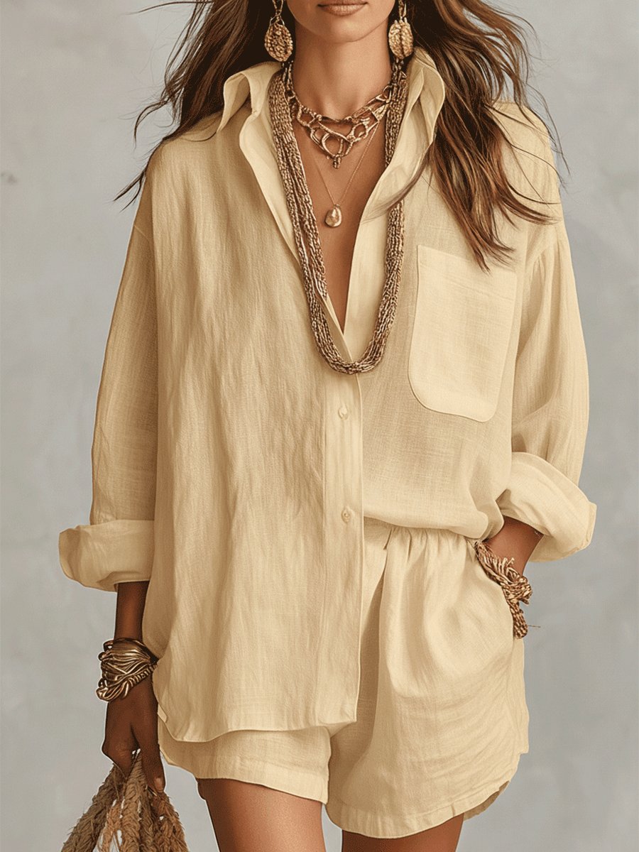 Dames Oversized Linnen Blouse Short Set - Yellow