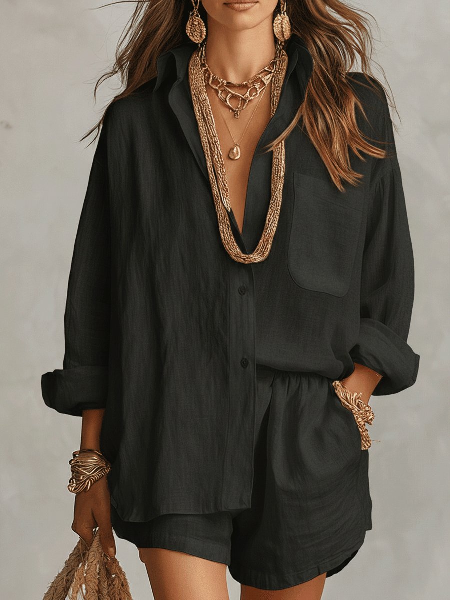 Dames Oversized Linnen Blouse Short Set - Black