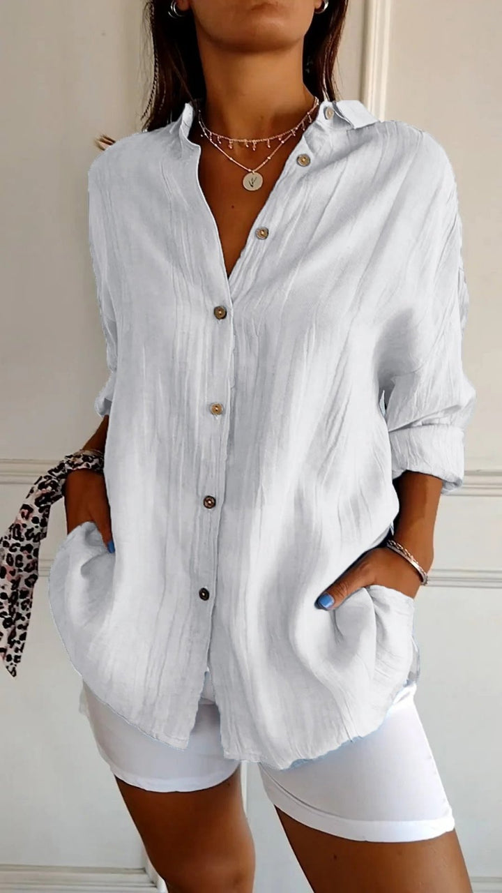 Dames Oversized Linnen Button-Down Blouse - White
