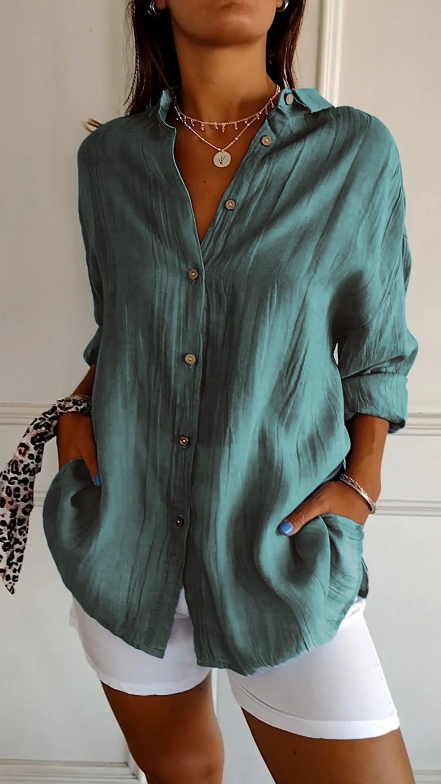 Dames Oversized Linnen Button-Down Blouse - Teal Green