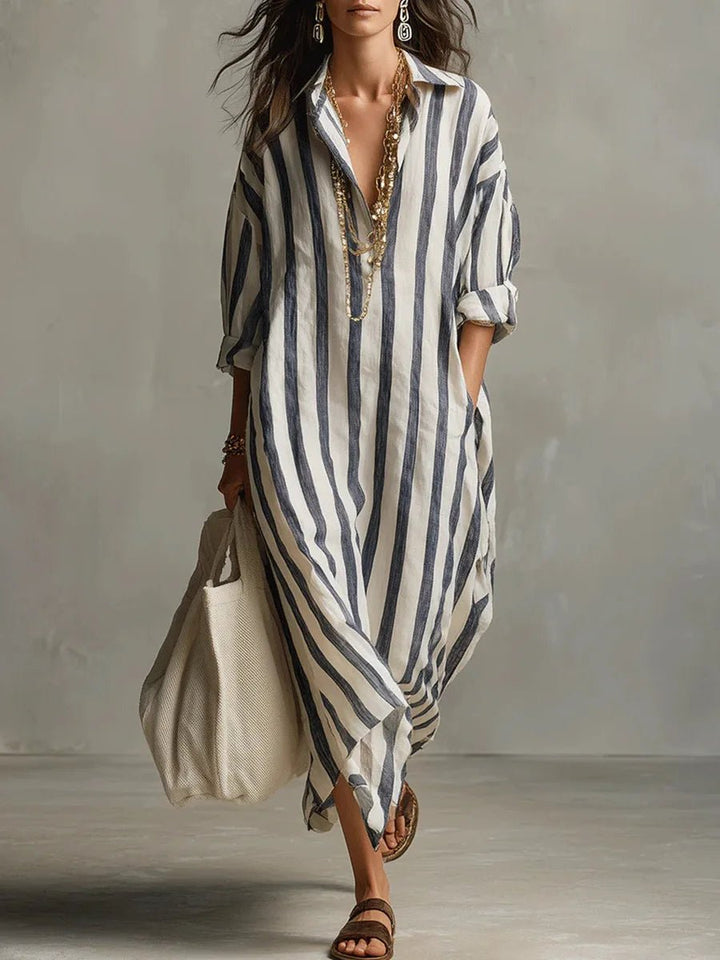 Dames Oversized Linnen Gestreepte Maxi Blousejurk - Blue
