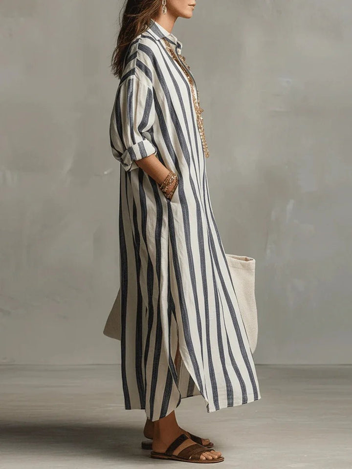 Dames Oversized Linnen Gestreepte Maxi Blousejurk