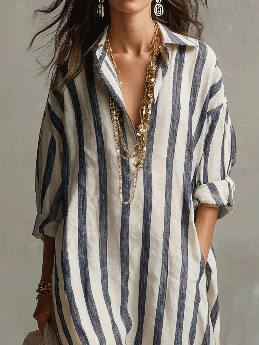 Dames Oversized Linnen Gestreepte Maxi Blousejurk