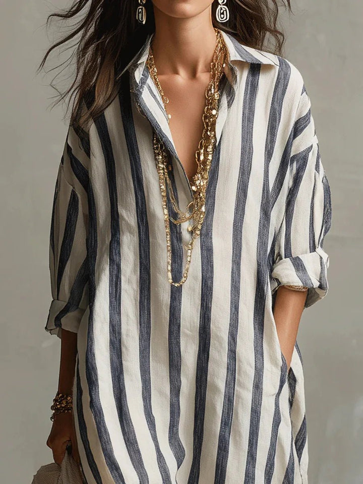 Dames Oversized Linnen Gestreepte Maxi Blousejurk