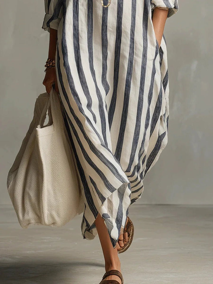 Dames Oversized Linnen Gestreepte Maxi Blousejurk