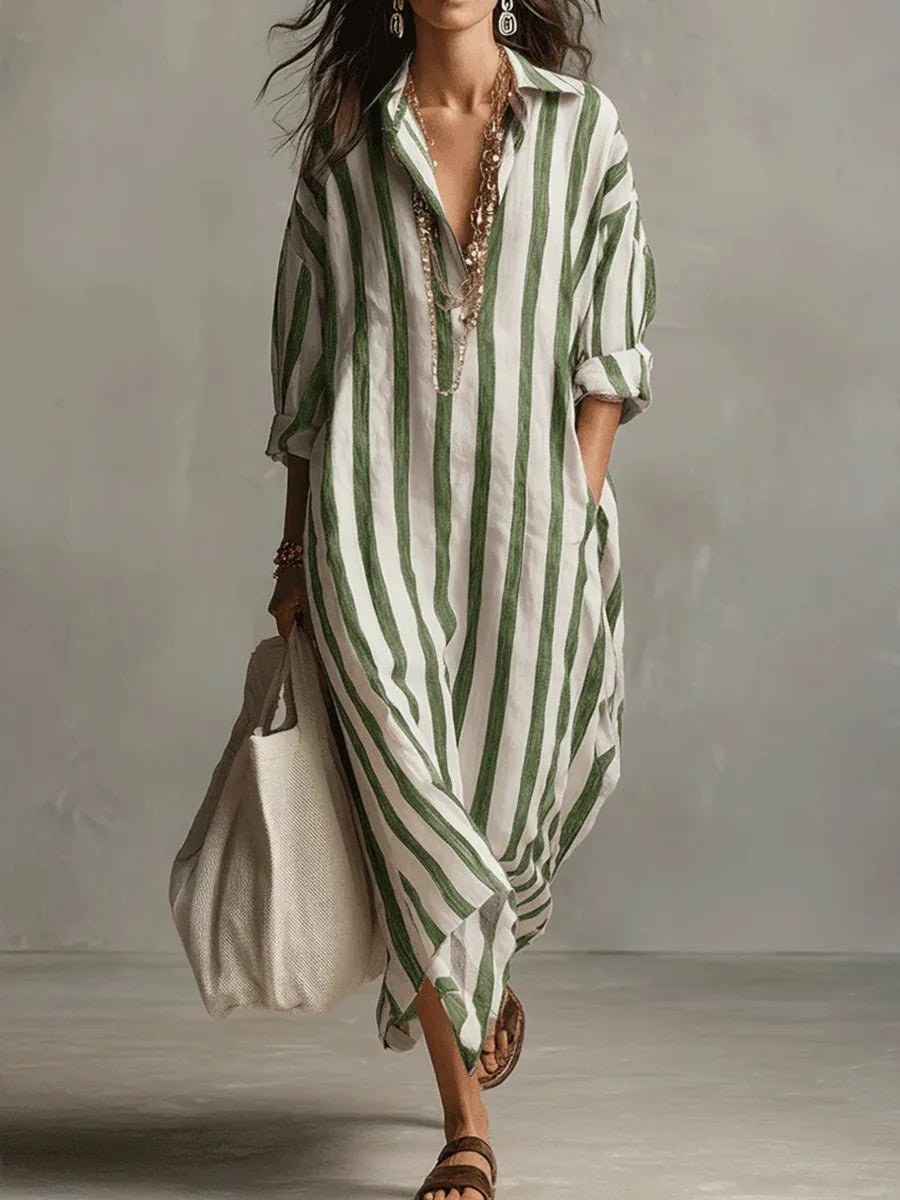 Dames Oversized Linnen Gestreepte Maxi Blousejurk - Green