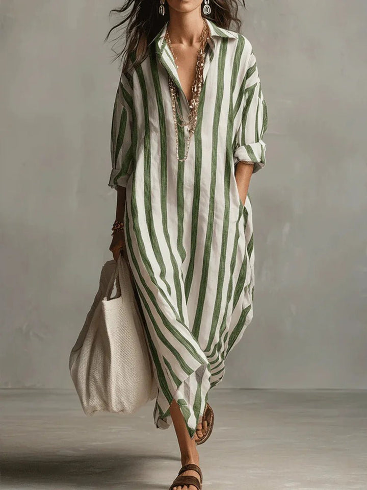 Dames Oversized Linnen Gestreepte Maxi Blousejurk - Green
