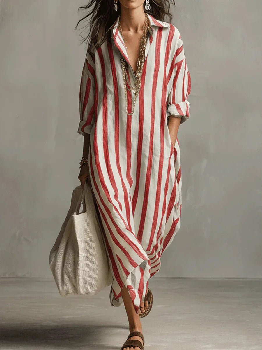 Dames Oversized Linnen Gestreepte Maxi Blousejurk - Red