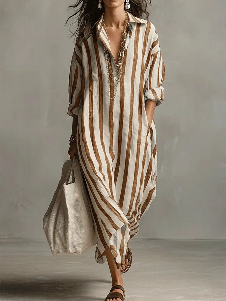 Dames Oversized Linnen Gestreepte Maxi Blousejurk - Earthy Yellow