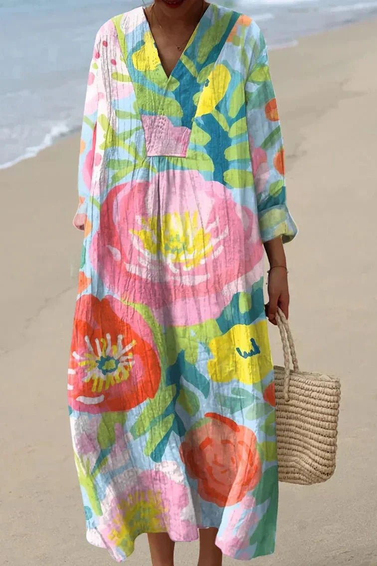 Dames Oversized Linnen Maxi-jurk Bloemenprint V-hals Lange Mouw