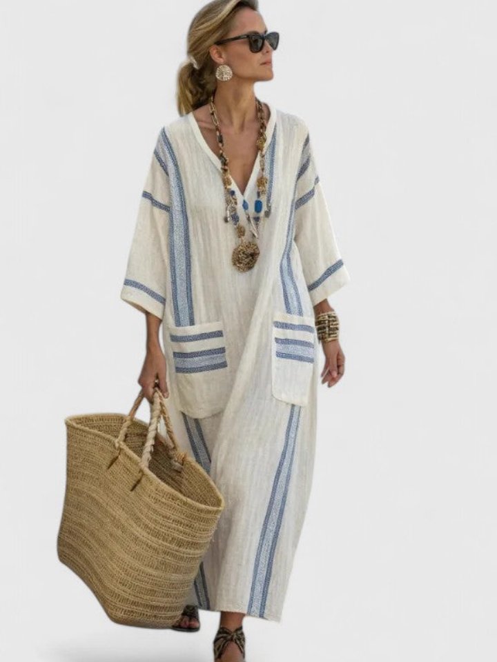 Dames Oversized Linnen V-Hals Boho Maxi Jurk met Contrasterende Strepen - White 3