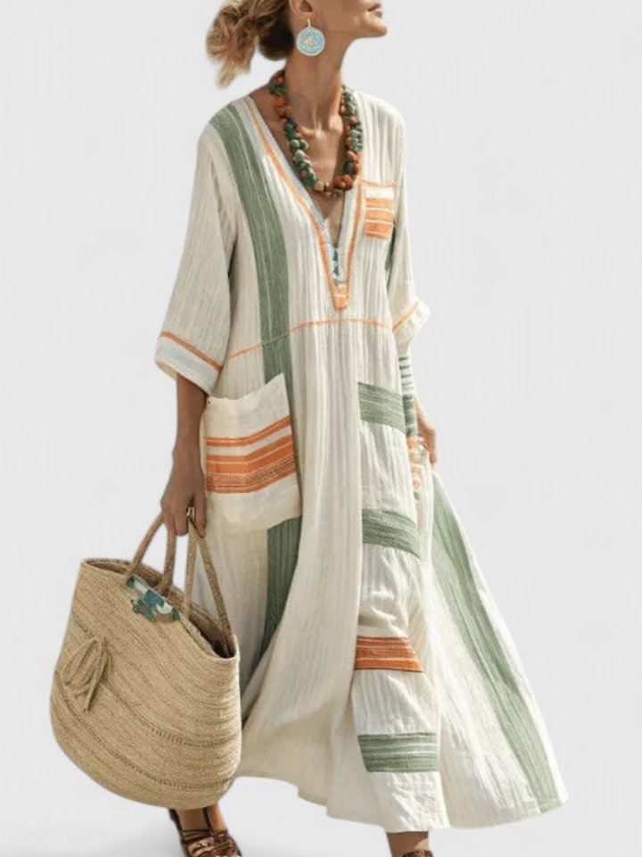 Dames Oversized Linnen V-Hals Boho Maxi Jurk met Contrasterende Strepen - Beige 5