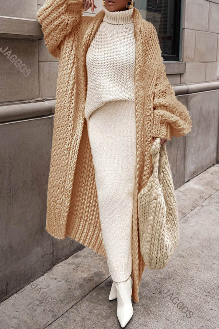 Dames Oversized Longline Open-Front Grofgebreide Cardigan - Bruin