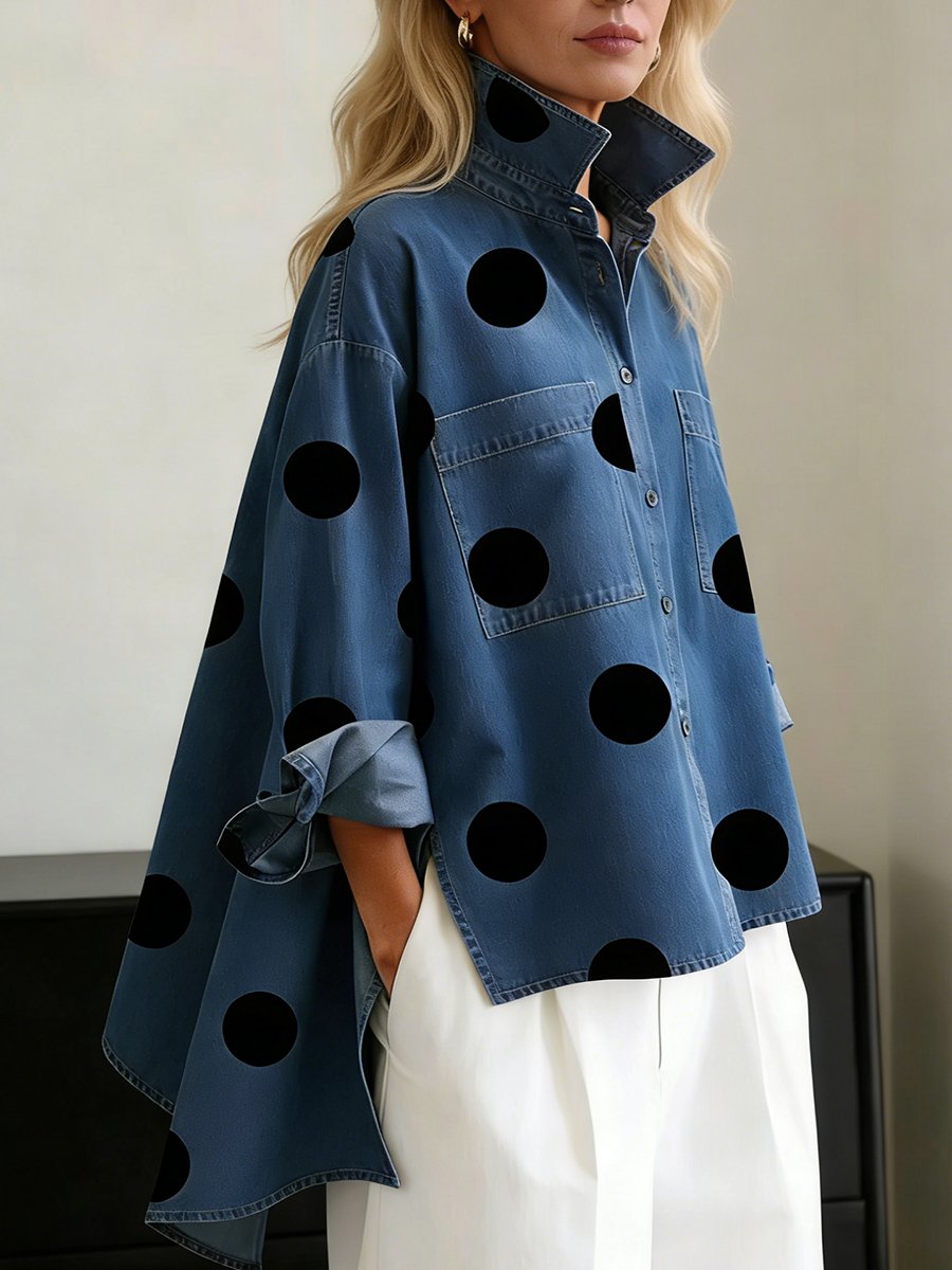 Dames Oversized Polka Dot Lange Mouwen Blouse - Blue