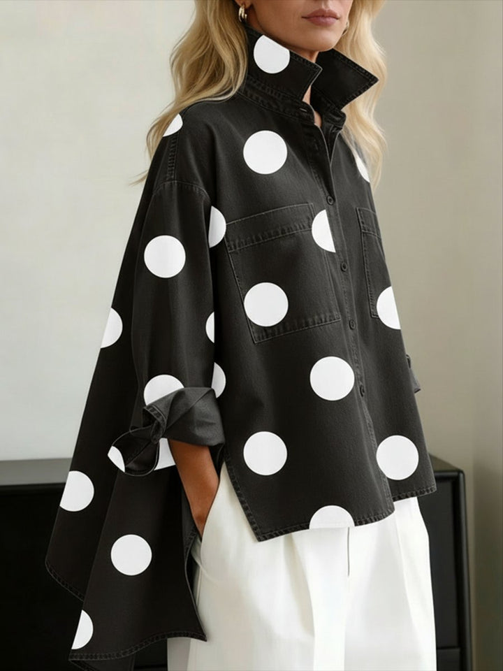 Dames Oversized Polka Dot Lange Mouwen Blouse - Black