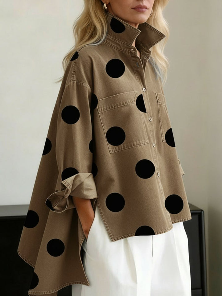 Dames Oversized Polka Dot Lange Mouwen Blouse - Khaki