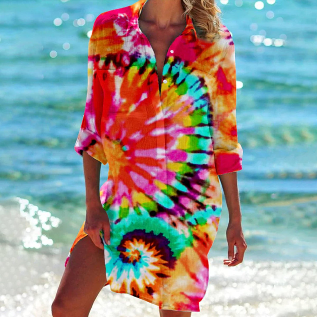 Dames Oversized Tie-Dye Zomerse Hemdblousejurk - Tie-dye: Oranje
