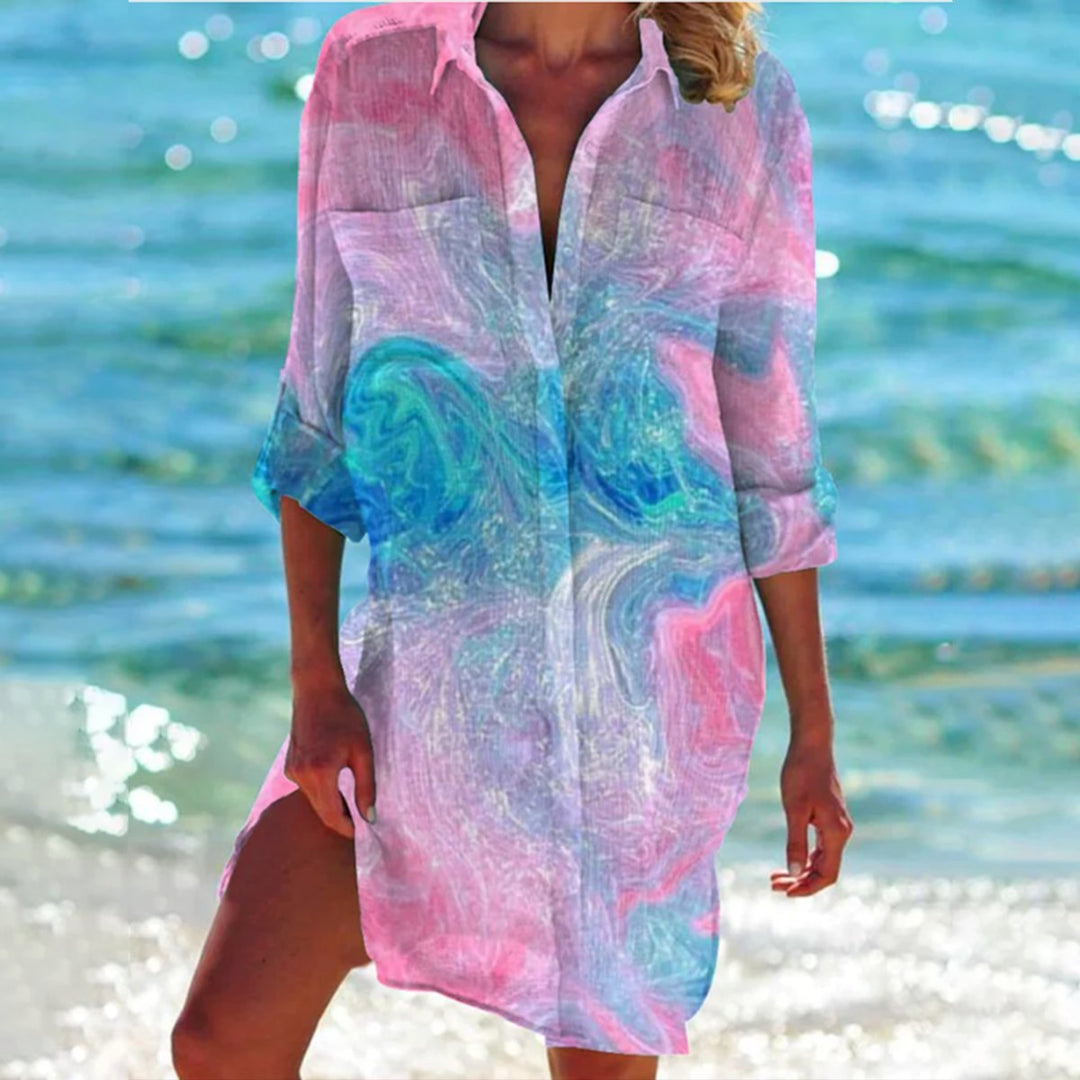 Dames Oversized Tie-Dye Zomerse Hemdblousejurk - Roze Zeemeerminprint