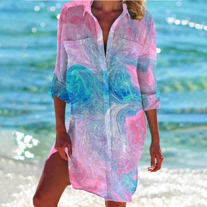 Dames Oversized Tie-Dye Zomerse Hemdblousejurk - Roze Zeemeerminprint