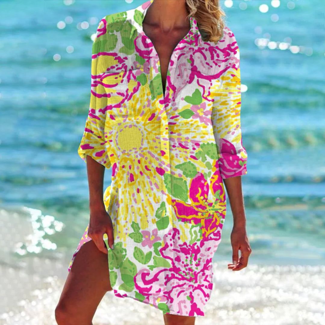 Dames Oversized Tie-Dye Zomerse Hemdblousejurk - Geel met Bloemenprint