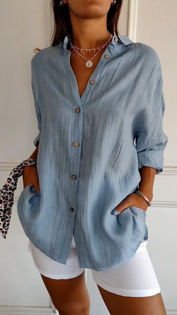 Dames Oversized V-hals Linnen Blouse met Knoopsluiting - Blauw
