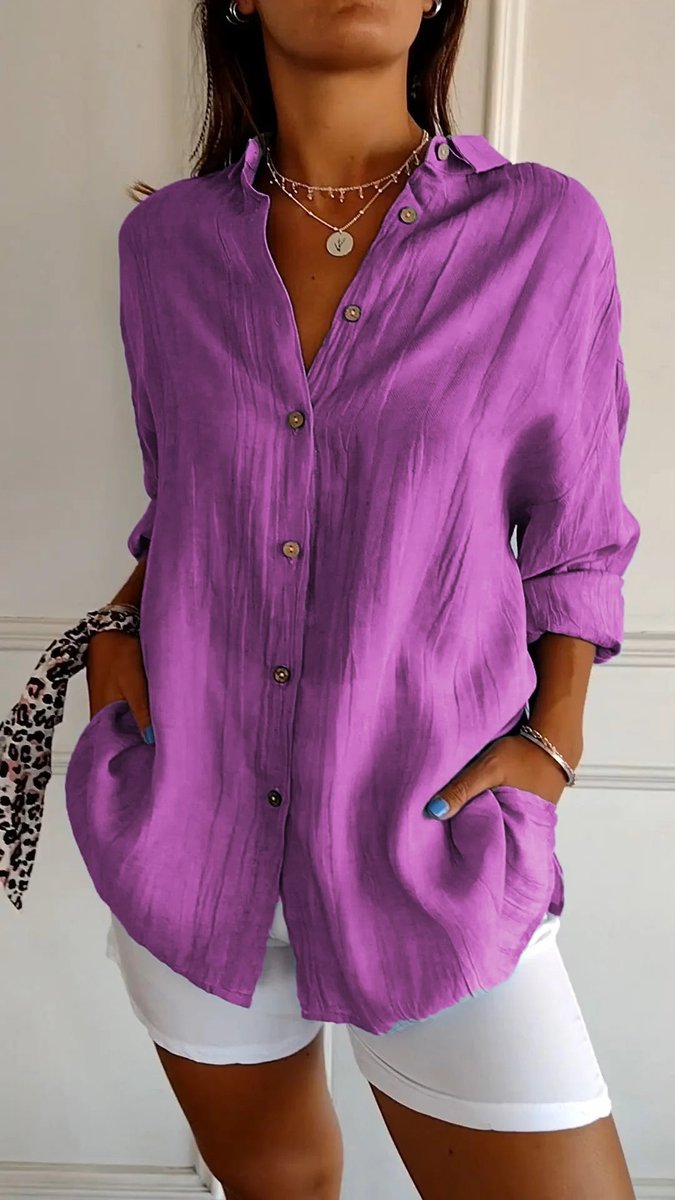 Dames Oversized V-hals Linnen Blouse met Knoopsluiting - Lila