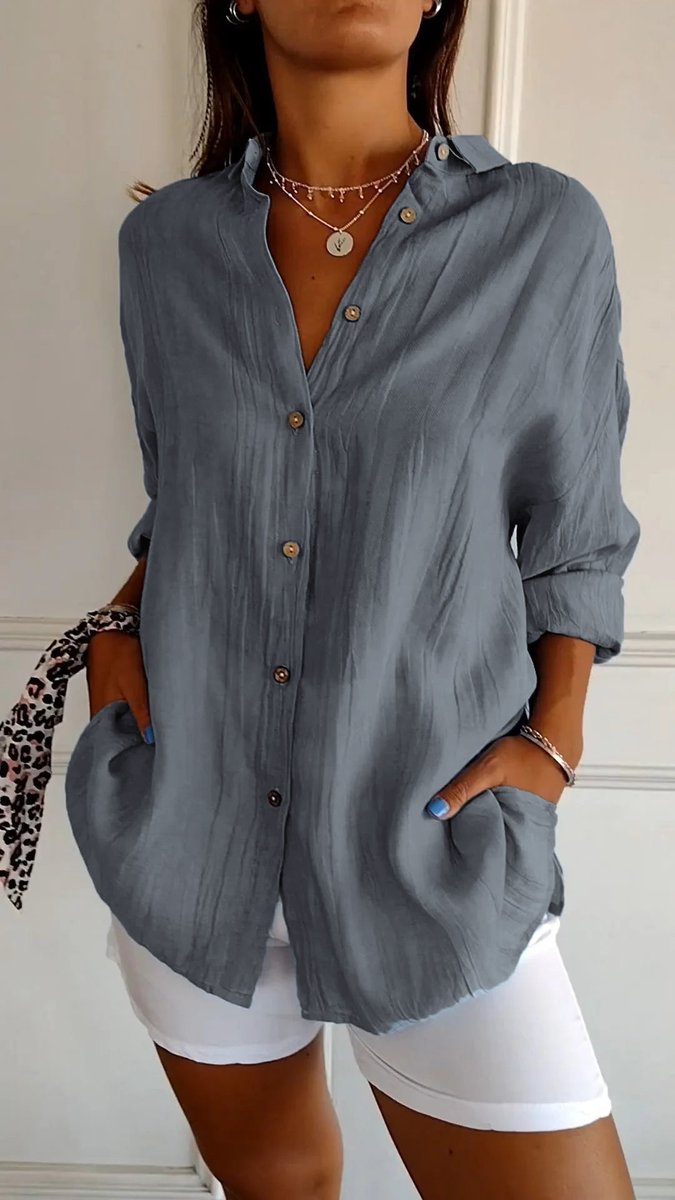 Dames Oversized V-hals Linnen Blouse met Knoopsluiting - Grijs