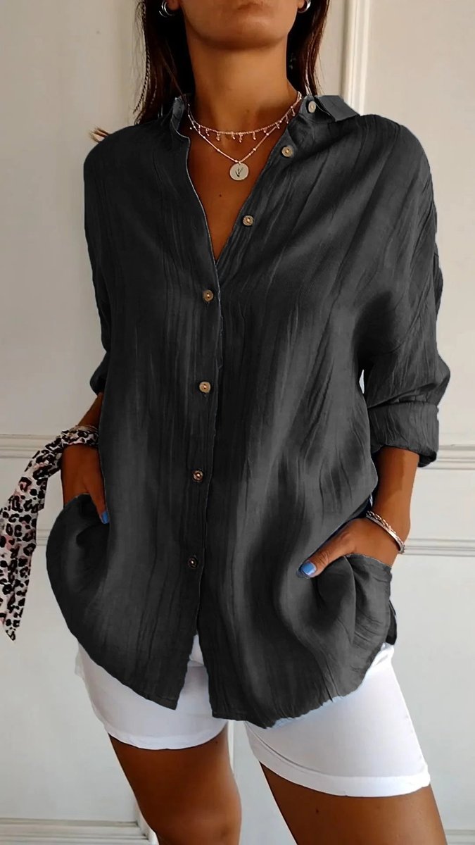 Dames Oversized V-hals Linnen Blouse met Knoopsluiting - Zwart