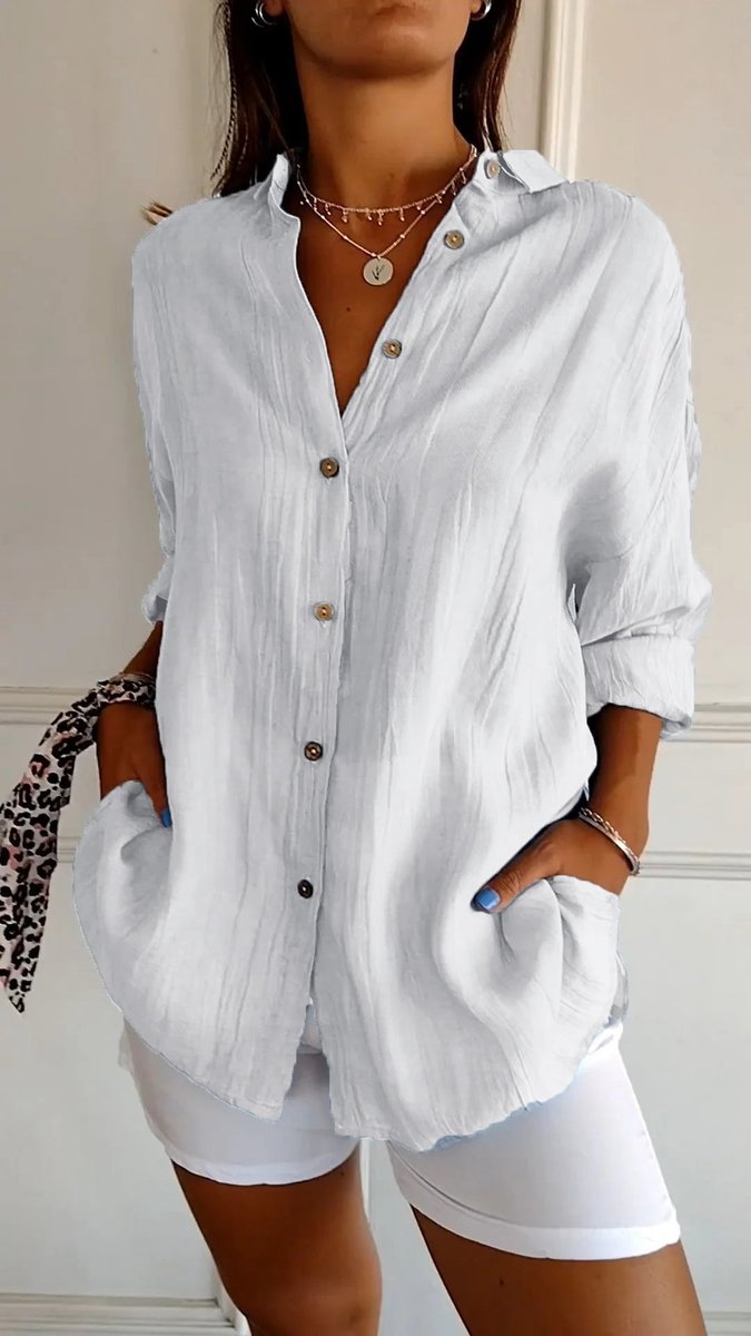 Dames Oversized V-hals Linnen Blouse met Knoopsluiting - Wit