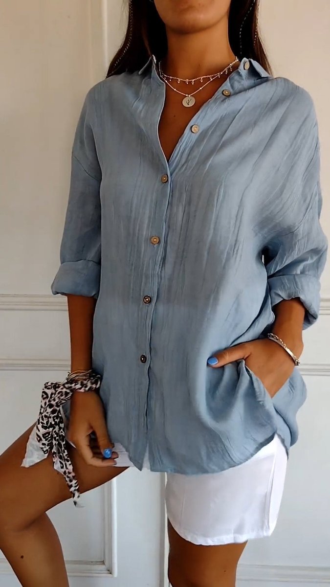 Dames Oversized V-hals Linnen Blouse met Knoopsluiting