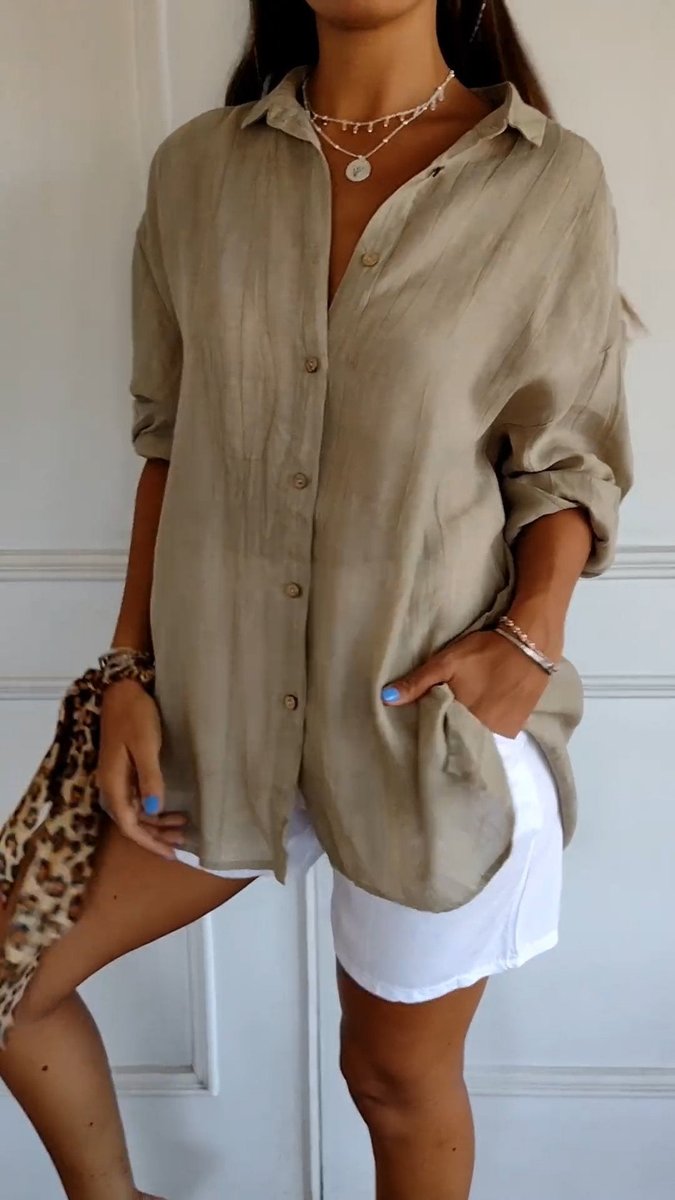Dames Oversized V-hals Linnen Blouse met Knoopsluiting - Bruin