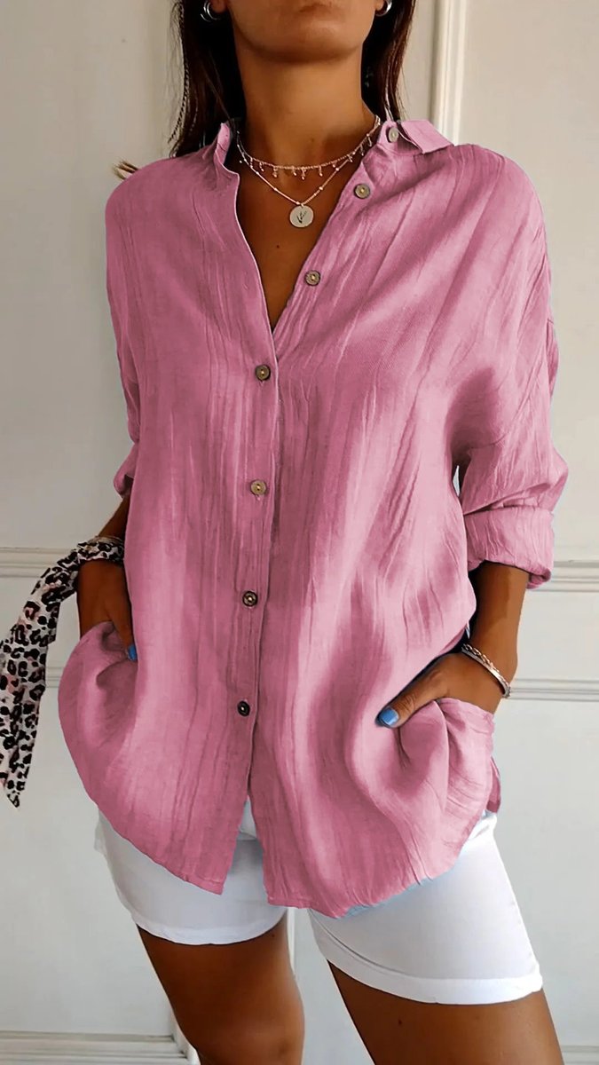Dames Oversized V-hals Linnen Blouse met Knoopsluiting - Roze