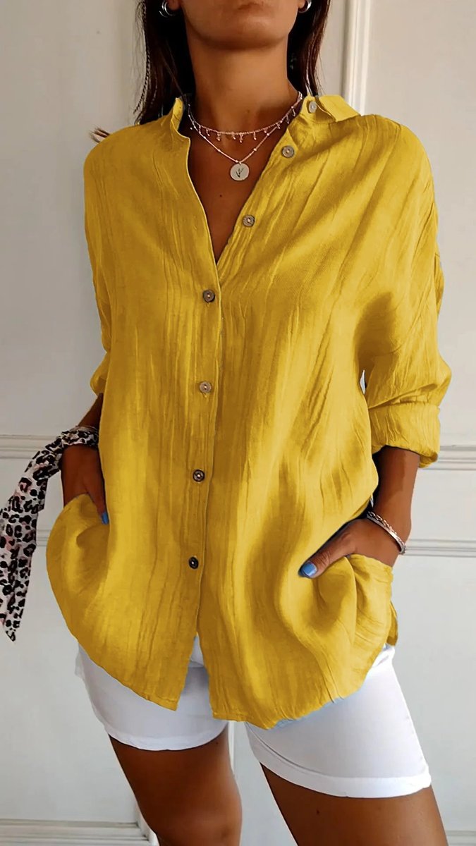 Dames Oversized V-hals Linnen Blouse met Knoopsluiting - Geel