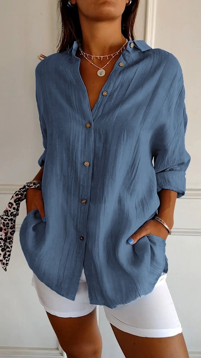 Dames Oversized V-hals Linnen Blouse met Knoopsluiting - Marineblauw