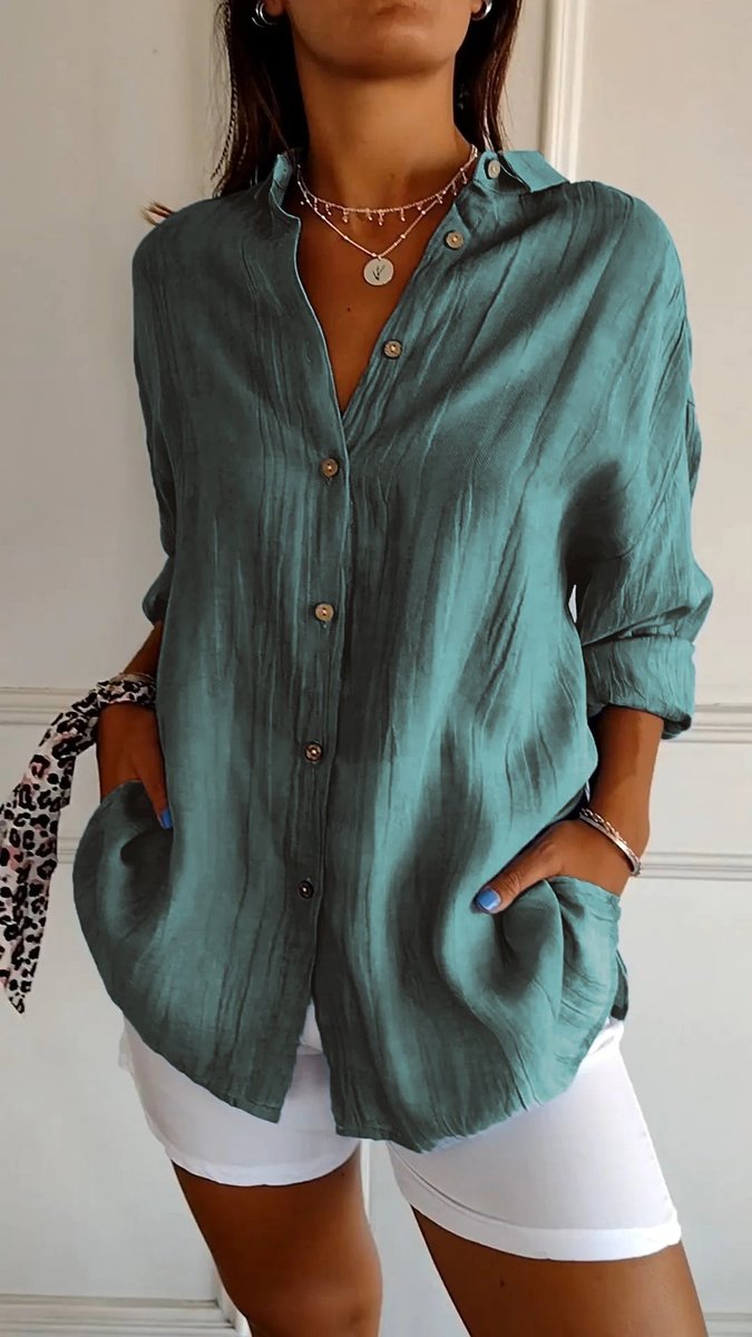 Dames Oversized V-hals Linnen Blouse met Knoopsluiting - Blauwgroen