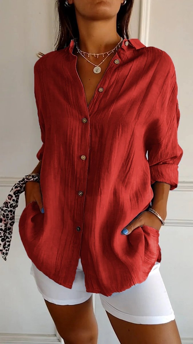 Dames Oversized V-hals Linnen Blouse met Knoopsluiting - Rood