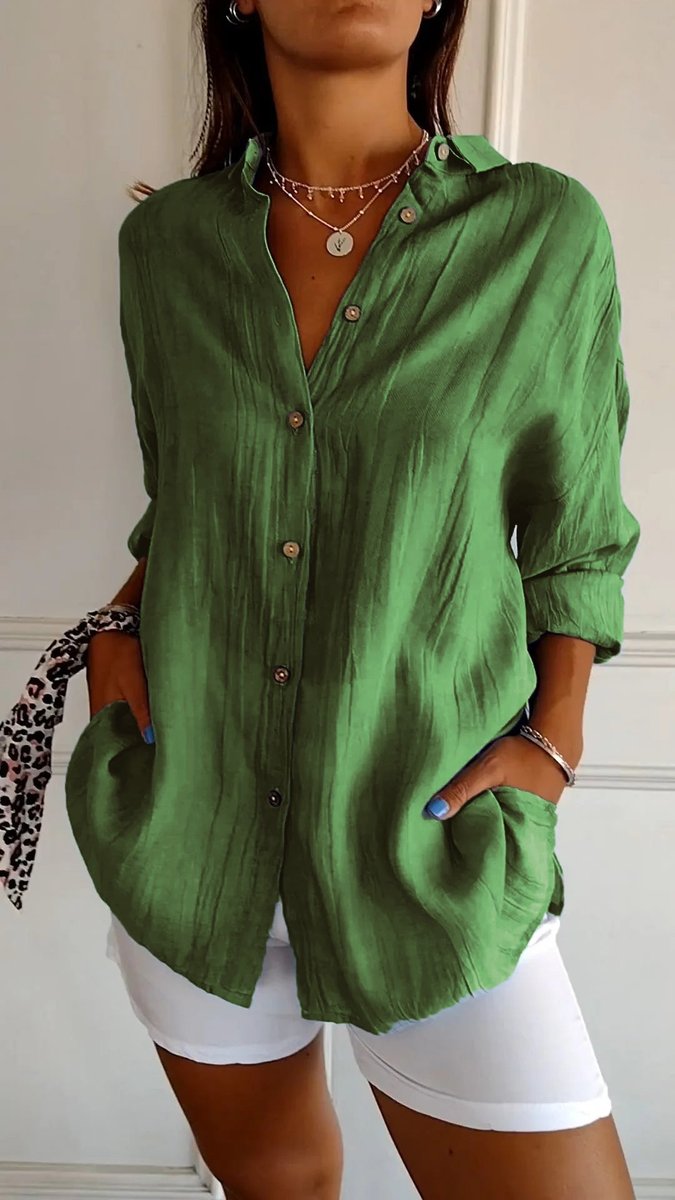 Dames Oversized V-hals Linnen Blouse met Knoopsluiting - Groen