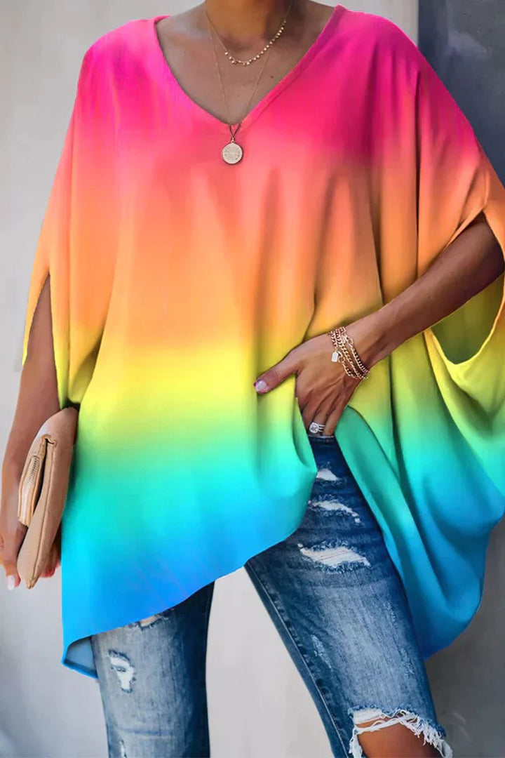 Dames Oversized V-hals Vleermouwen Tunic - Regenboog