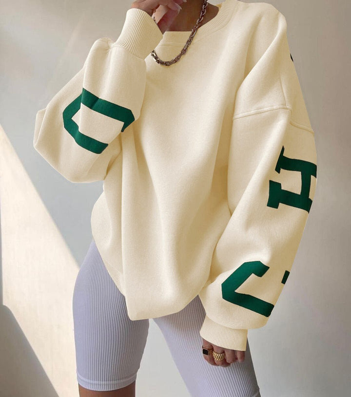 Dames Oversized Varsity-Print Fleece Crewneck Sweater - Cream