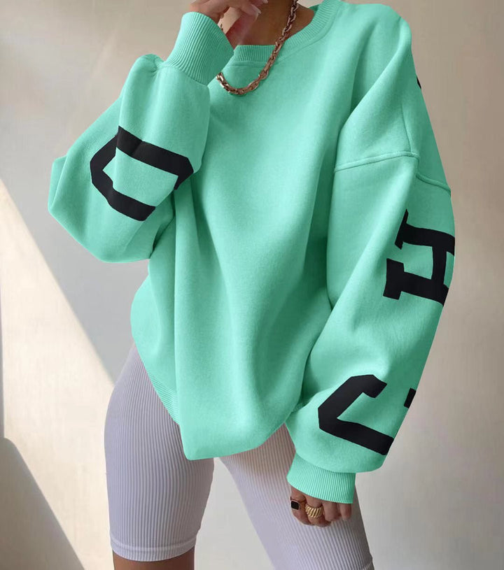Dames Oversized Varsity-Print Fleece Crewneck Sweater - Mint Green