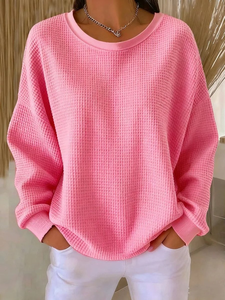 Dames Oversized Wafelstructuur Ronde Hals Pullover Sweater - Roze