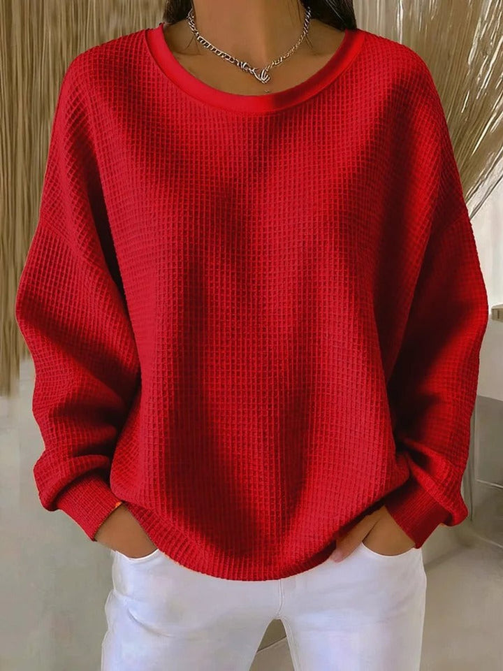 Dames Oversized Wafelstructuur Ronde Hals Pullover Sweater - Rood