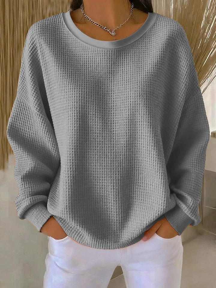 Dames Oversized Wafelstructuur Ronde Hals Pullover Sweater - Grijs