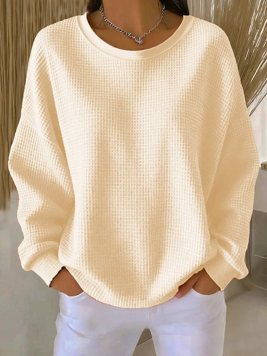 Dames Oversized Wafelstructuur Ronde Hals Pullover Sweater - Abrikoos
