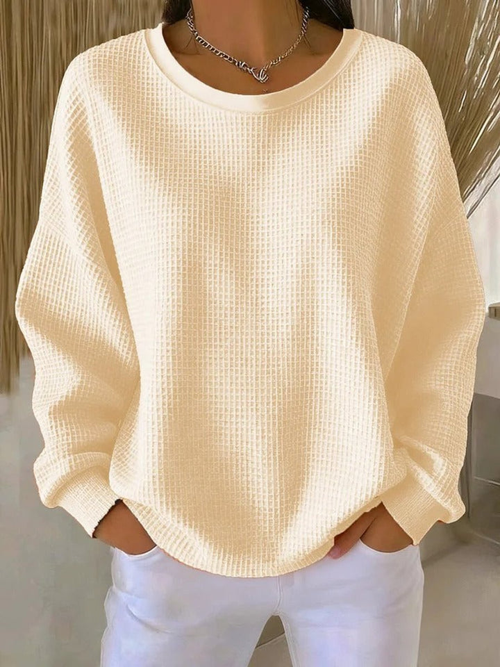 Dames Oversized Wafelstructuur Ronde Hals Pullover Sweater - Abrikoos