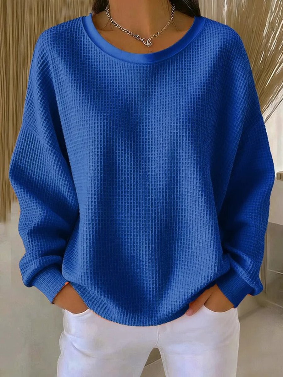 Dames Oversized Wafelstructuur Ronde Hals Pullover Sweater - Blauw